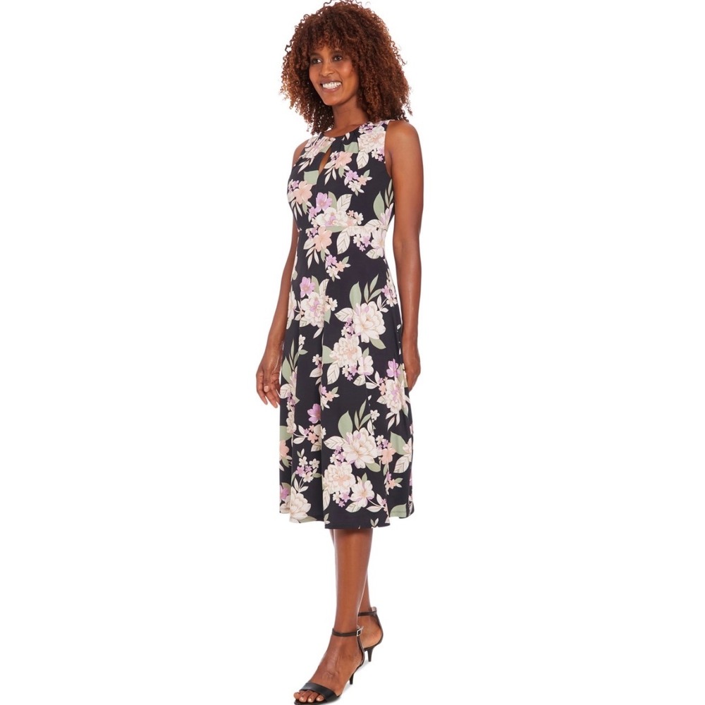 London Times Petites Black Floral Sleeveless Midi Dress Size 14P T7788P